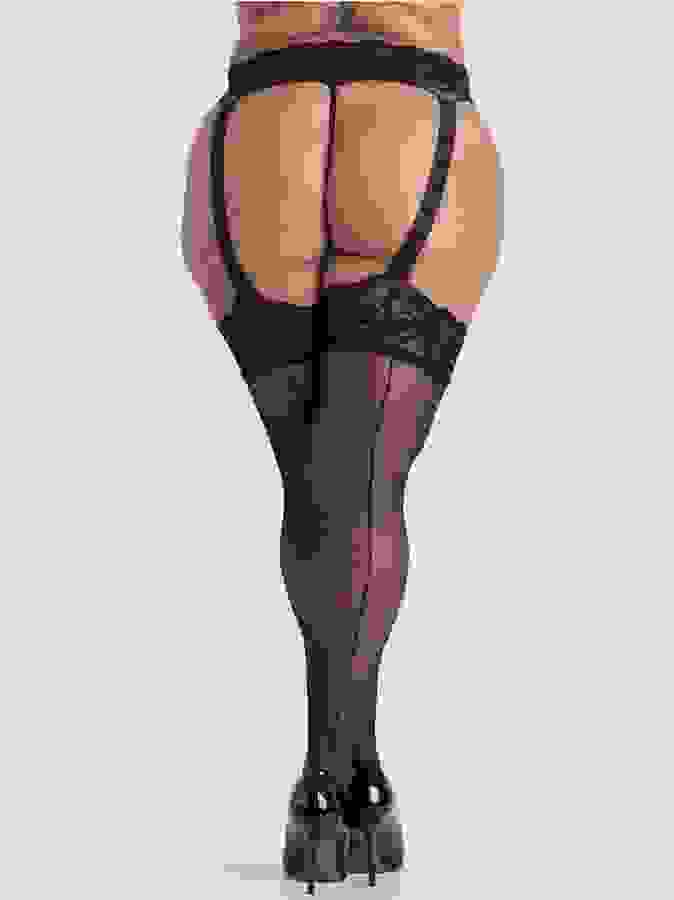 Lovehoney Plus Size Black Lace Suspender Tights, Black, hi-res